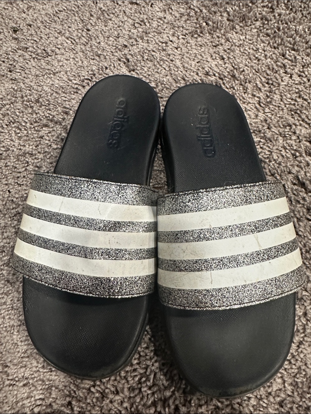 adidas Kids Black Slides with Silver Glitter Straps